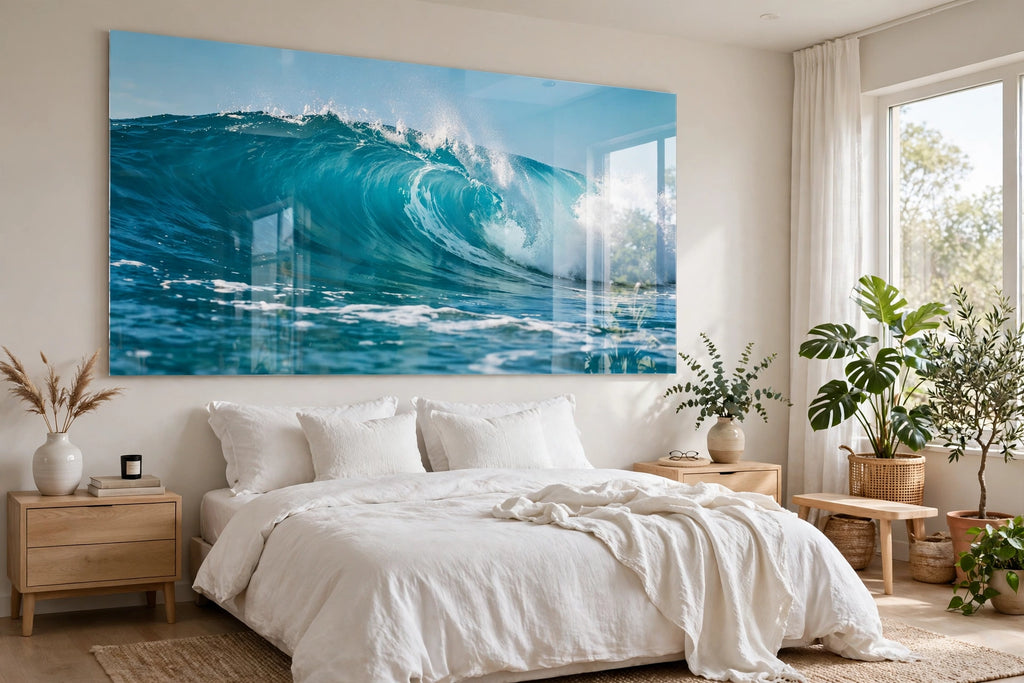 Acrylic print of an ocean wave over a bed