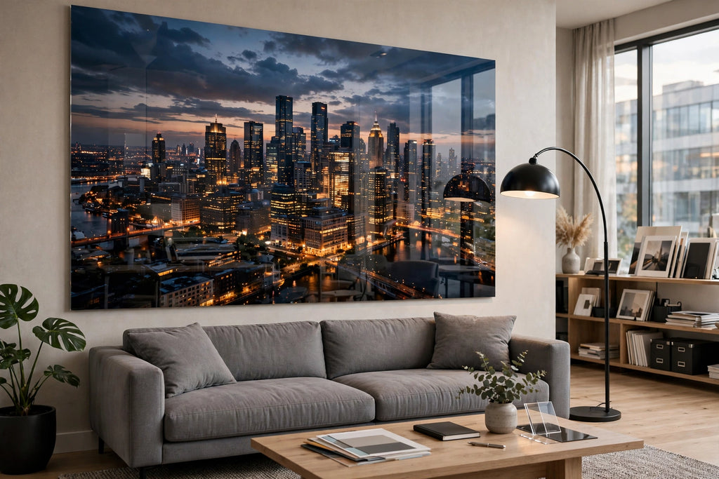 Acrylic print of a city skyline in an office lounge