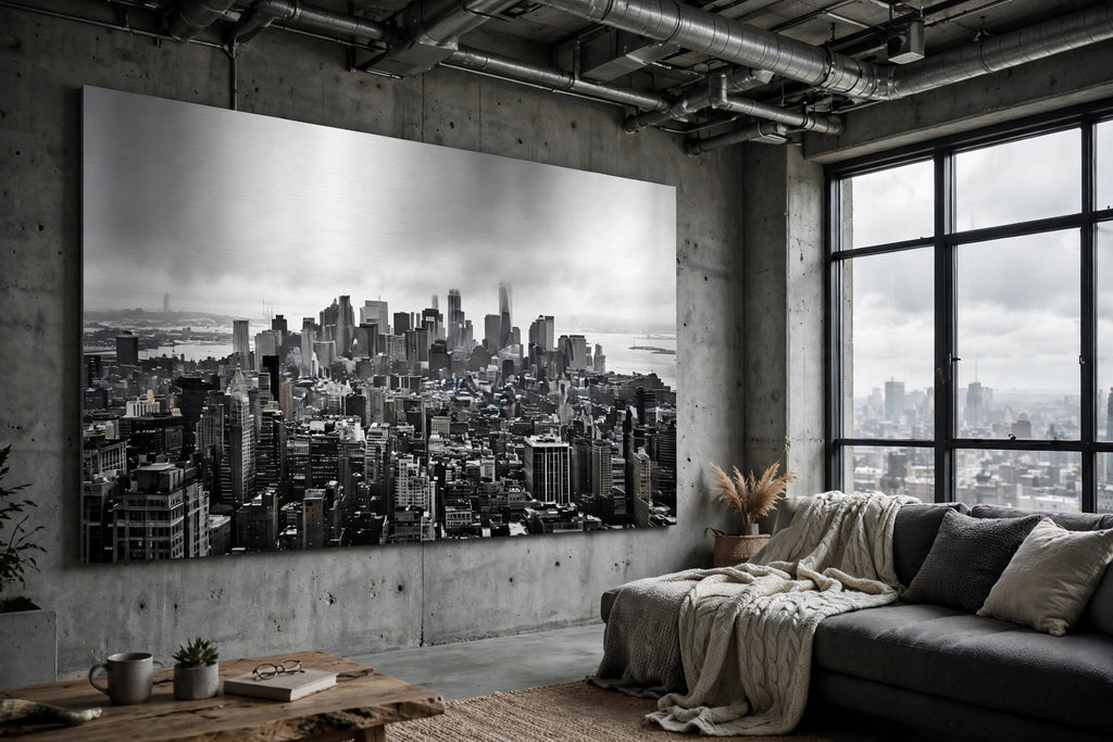Brushed silver aluminum print, full-bleed view