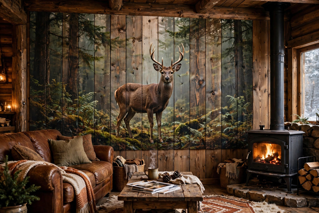 Deer photo printed across wood planks in a cabin
