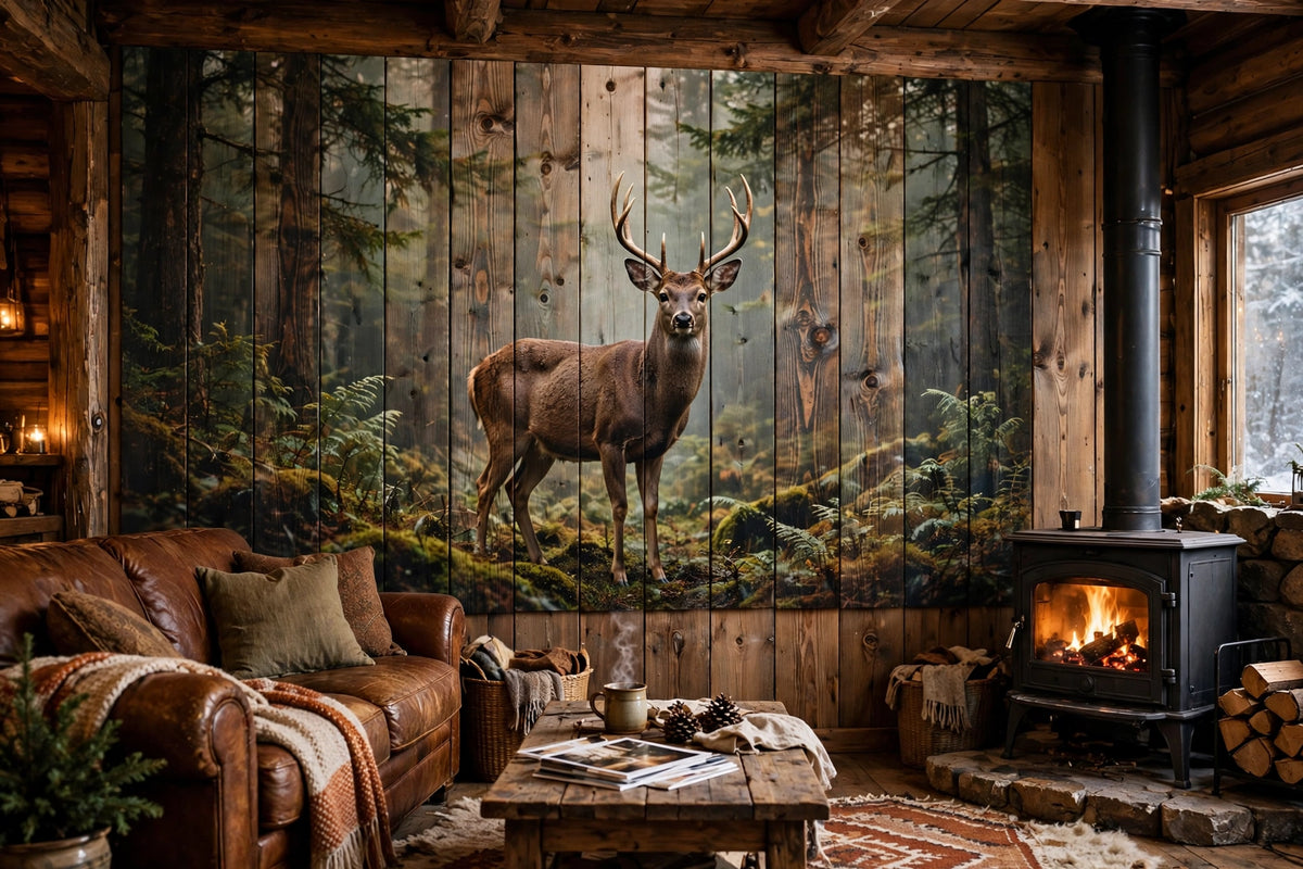 Deer photo printed across wood planks in a cabin