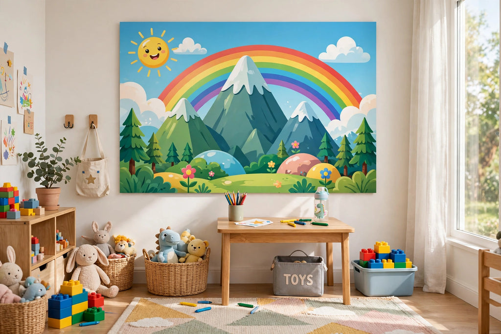 PVC print of a cartoon rainbow scene in a kids playroom