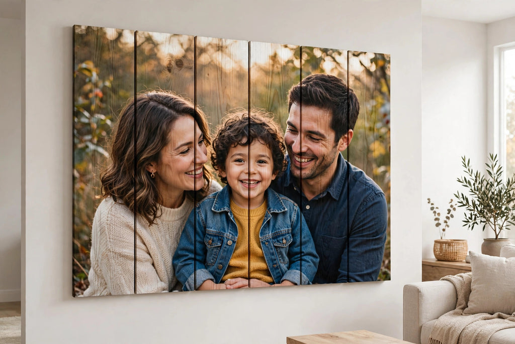 Family photo printed across wood planks
